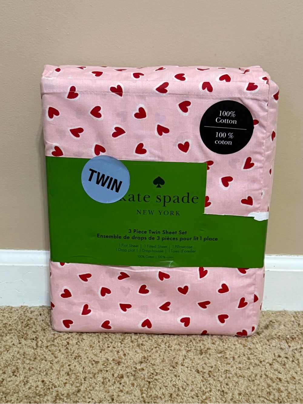 kate spade Pink Sheet Set with Red Heart Print